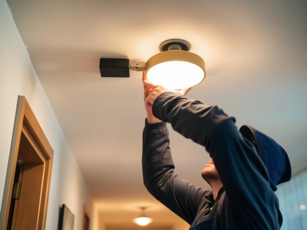cleandream.at Objektbetreuung Wien technische Kontrolle — Hausbetreuer tauscht Leuchtmittel im Gang einer Wohnanlage
