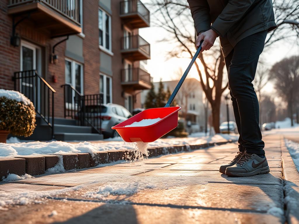 cleandream.at Streudienst Wien Gehsteig — Streuen von Splitt gegen Glatteis vor einem Wohnhaus im Winter